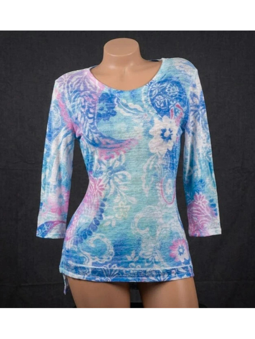 Jess & Jane Paisley Floral 3/4 Sleeve Top Blue Pink Size S Made in USA